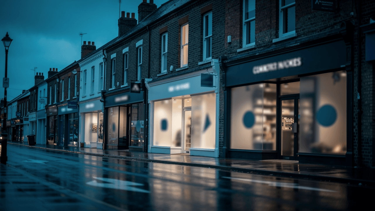 A UK high street of small shops at dusk, windows lit