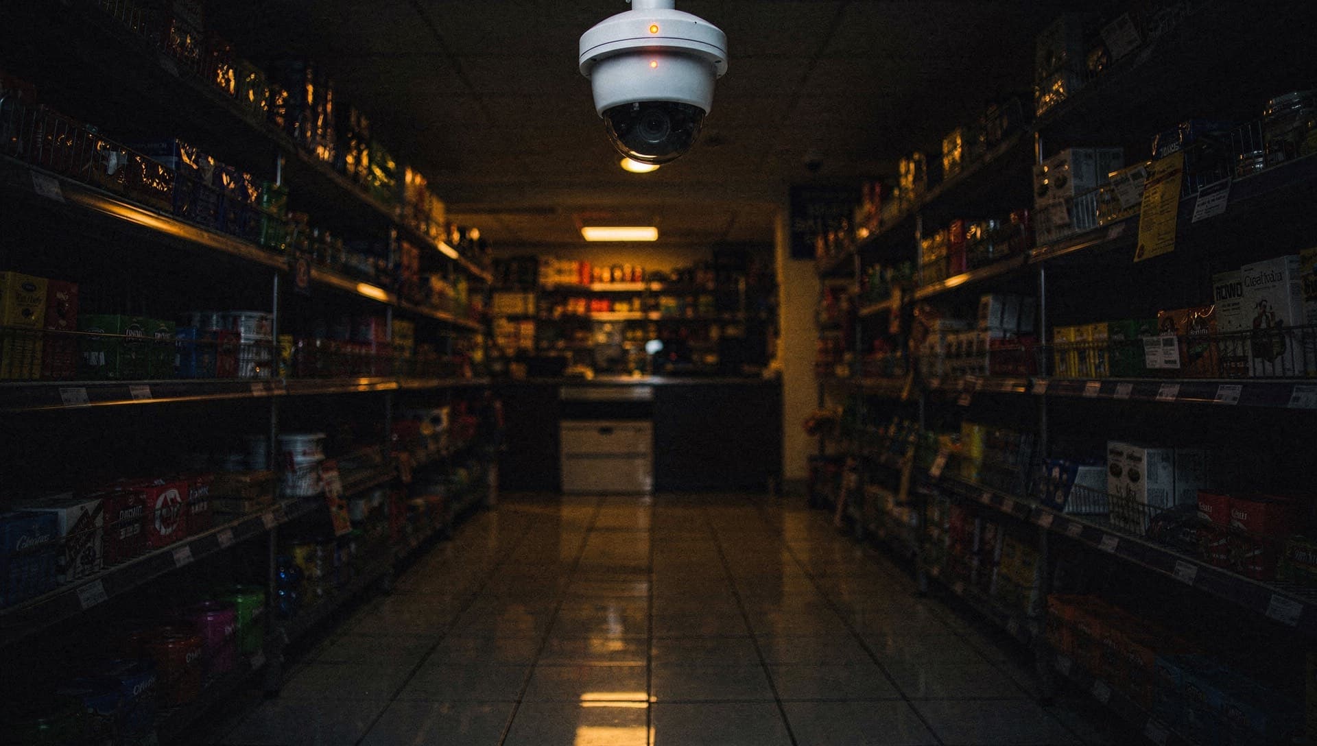 Inside a closed UK convenience store at night, a dome camera watching the aisle